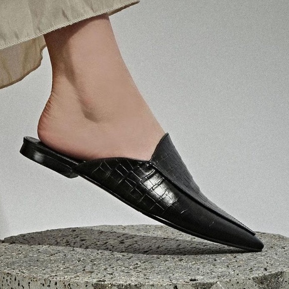 Zara Shoes - Zara Black Croc Embossed Faux Leather Mules